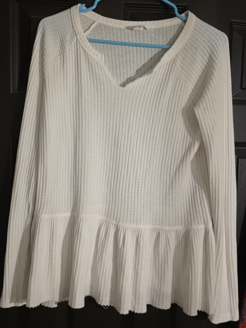 Time and Tru Cream Waffle-Knit Peplum Long-Sleeve Top